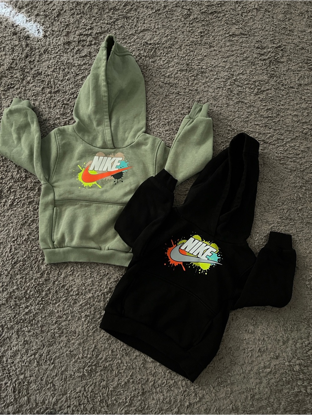 Nike Kids Hoodies in Sage Green and Black with Multicolor Swoosh Graphic